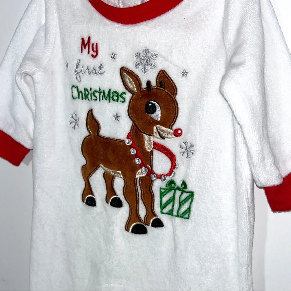 Baby Girl Rudolph 3‎ Month White Velour Christmas Footed Outfit